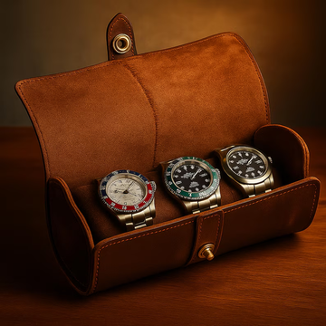 Personalized Mens Crazy Horse Leather Watch Roll: 3 Watch Travel Case, Custom Engraved Holder